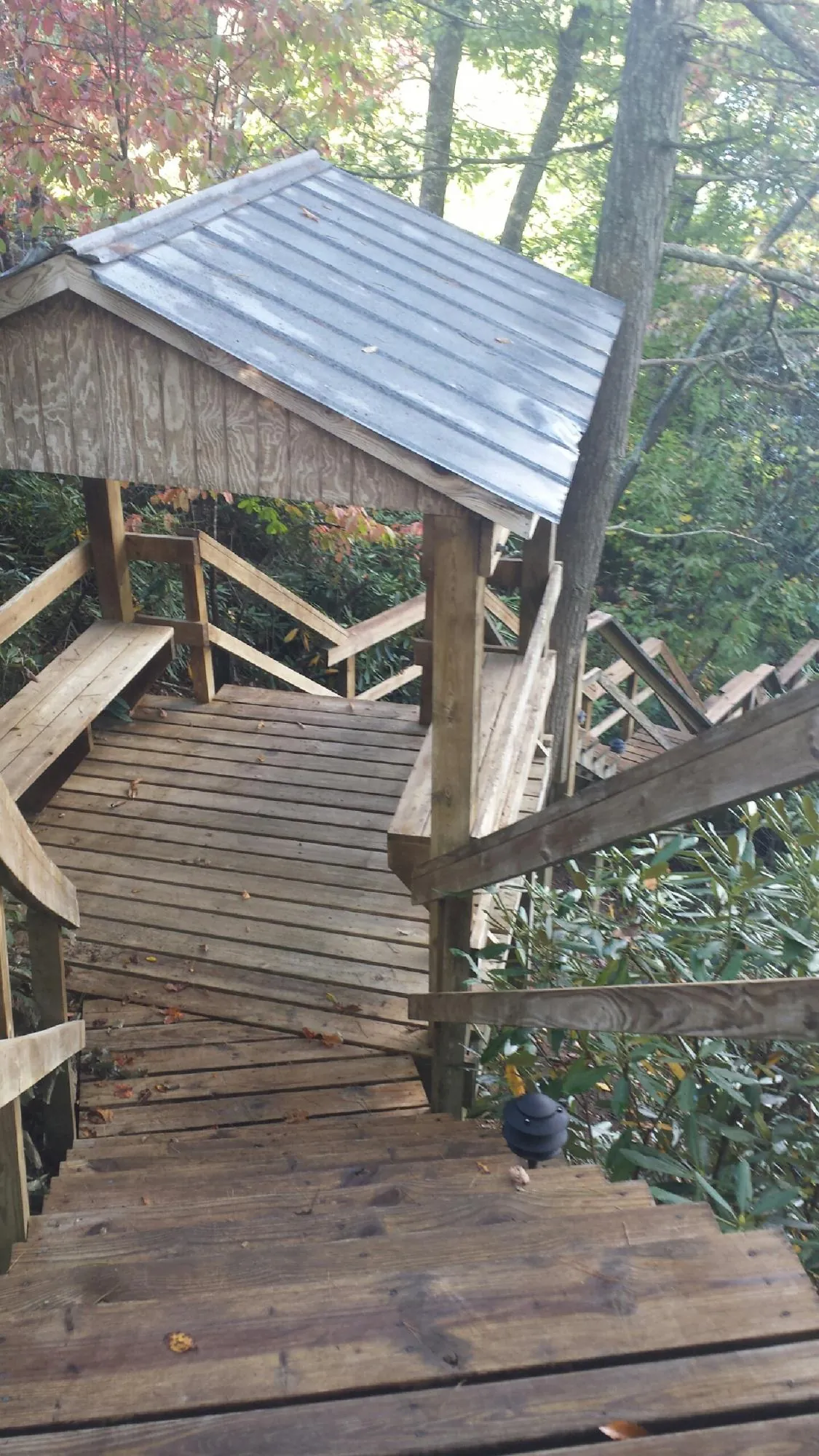 Metal roofed shelter over wooden steps on a wooded walkway — Skylight Repair & Installation work by our crew in Port Neches